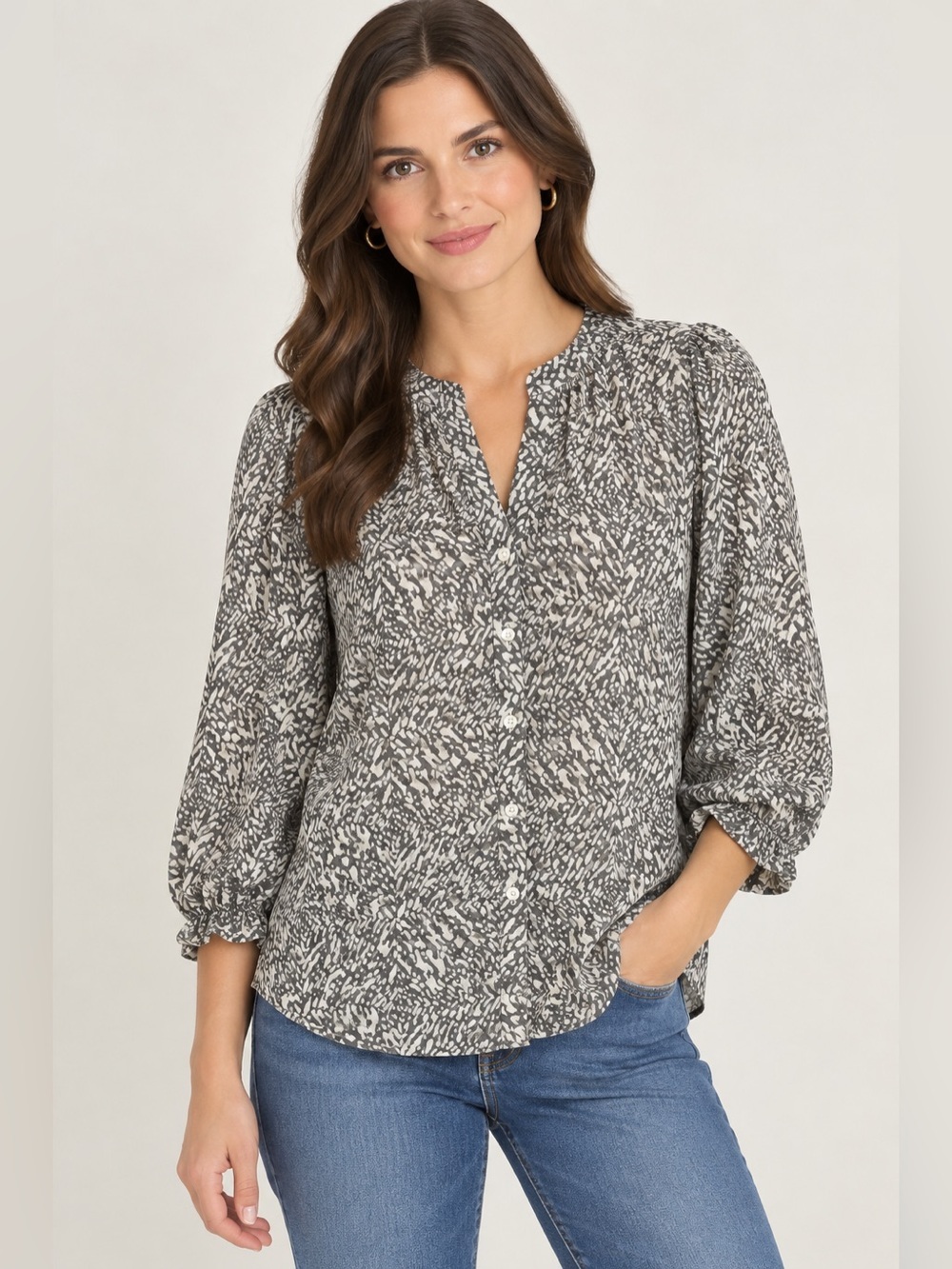 J McLaughlin Women’s Gray Silk Blend Patterned Button-Down Blouse Size Medium